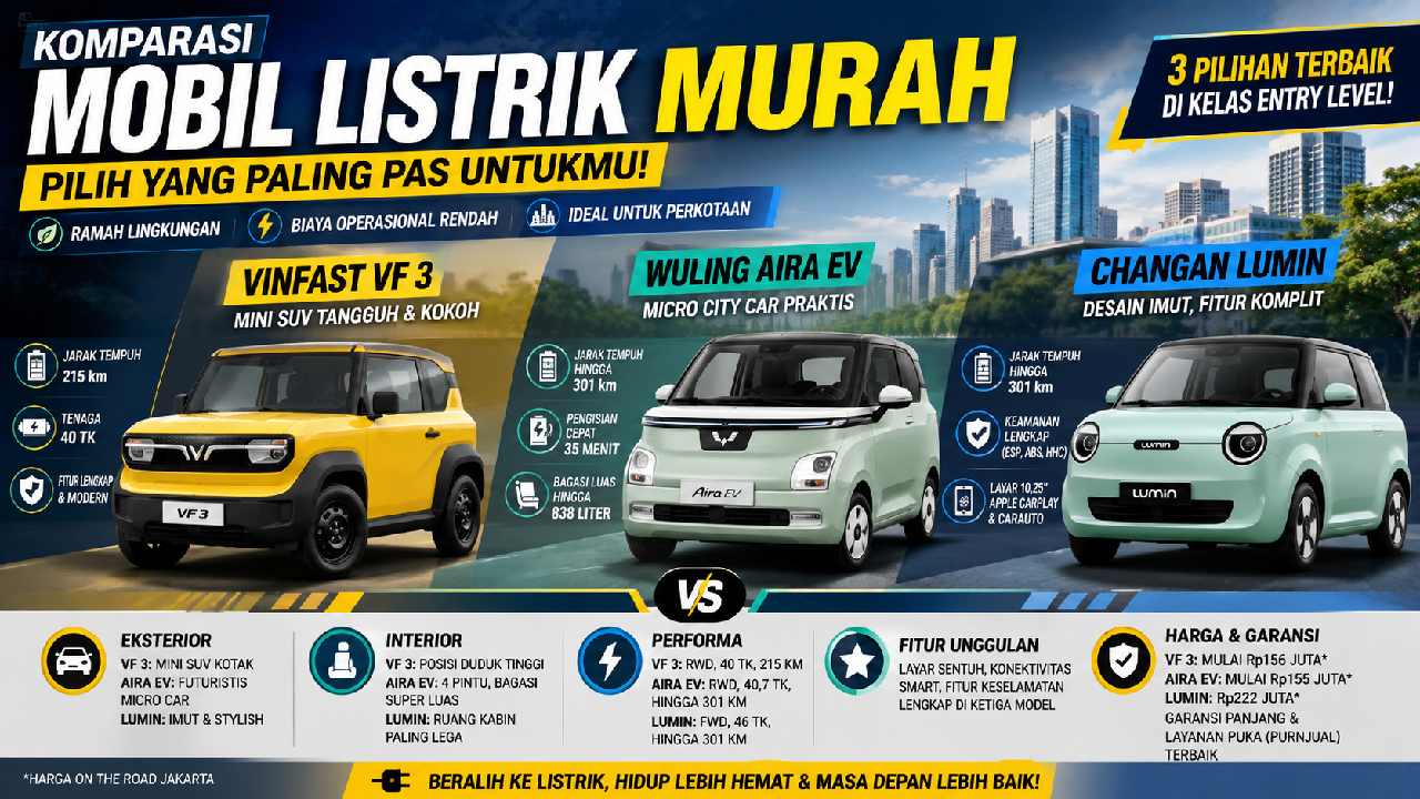 Komparasi Mobil Listrik Murah 2026: VinFast VF 3, Wuling Aira EV, atau Changan Lumin?